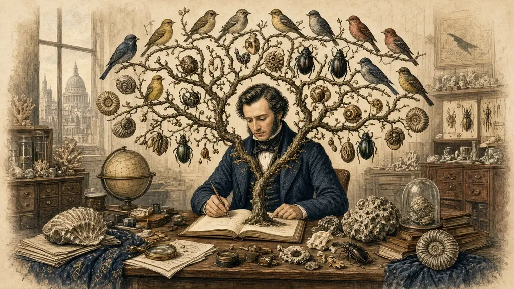 Memory hook: a Victorian naturalist at his desk as a tree grows out of his notebook, its branches ending in finches, shells, beetles and fossils.