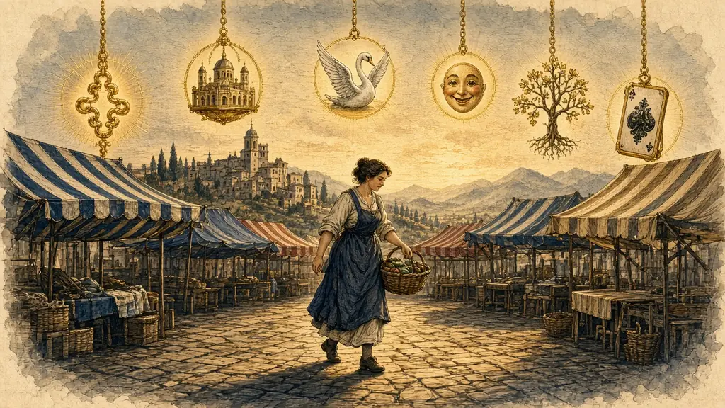 Memory hook: a stallholder crosses a dawn market square, with a different memory tool glowing above each stall: a chain, a palace, a swan, a face, a tree, a card.