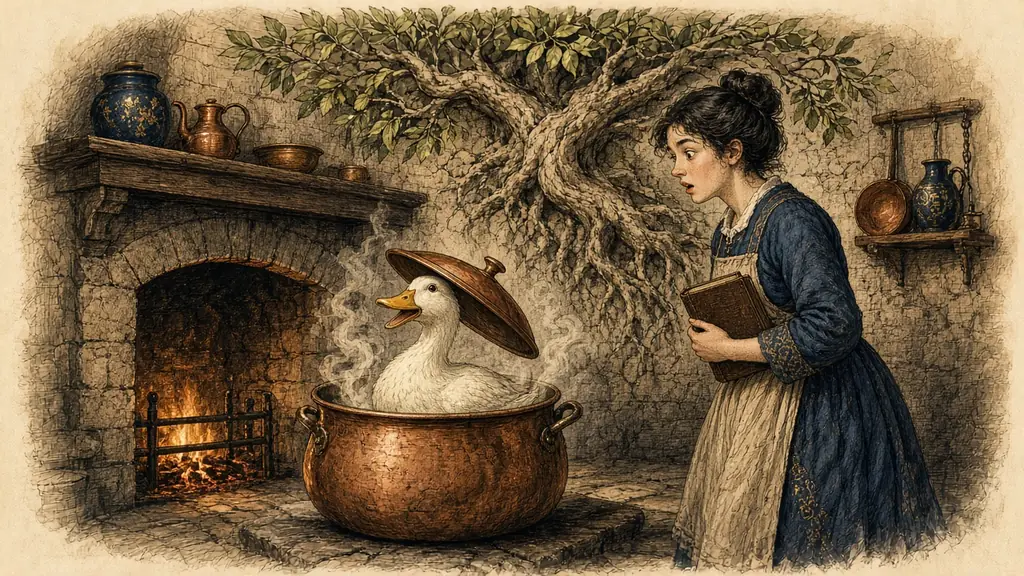 Memory hook: a duck sits in a copper cooking pot wearing the lid as a hat (pato sounds like pot), with a tree's spreading roots on the wall behind.