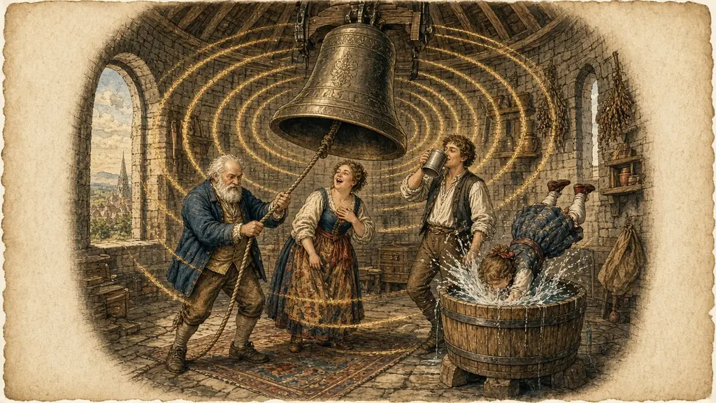 Memory hook: one family in a bell tower room: grandfather rings, mother sings, son drinks, daughter dives into a barrel, joined by rings of sound.