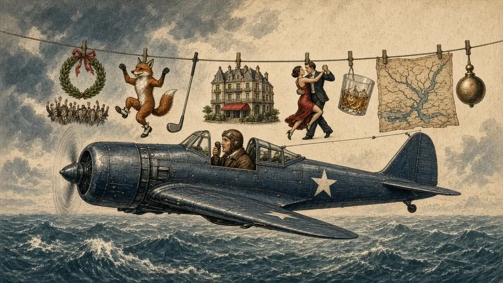 Memory hook: a 1940s pilot talks on the radio as the aerial carries a washing line of pegged pictures: a wreath, a dancing fox, a golf club, a hotel, a tango, a glass, a delta, a weight.