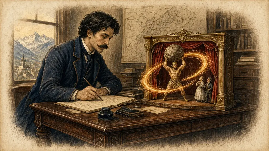 Memory hook: a young patent clerk watches a tiny stage where a giant lifts a boulder while a comet circles twice: a formula acted out by characters.