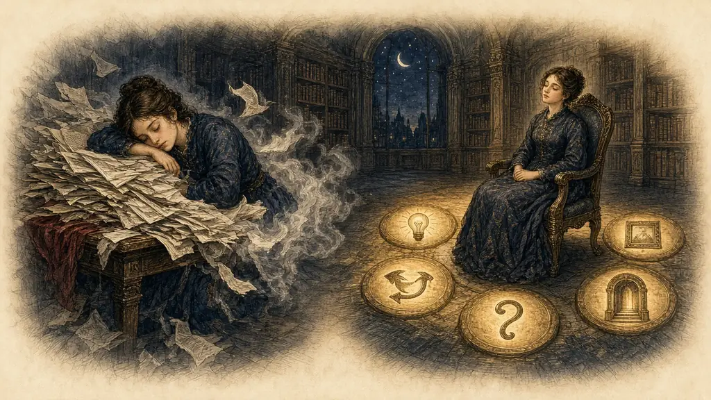Memory hook: in a night library, a student sleeps on a heap of fading notes, while her other self recalls with eyes closed inside a ring of five glowing stones.