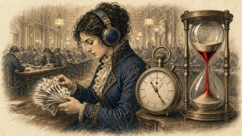 Memory hook: a competitor in ear defenders flicks through cards beside a giant stopwatch and an hourglass whose neck jams in a glowing red bottleneck.