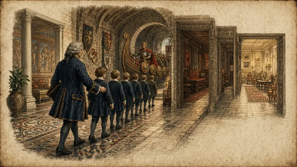 Memory hook: a schoolmaster leads pupils through a line of rooms, each furnished in a later century, with a crowned king landing by longship in the Norman room.