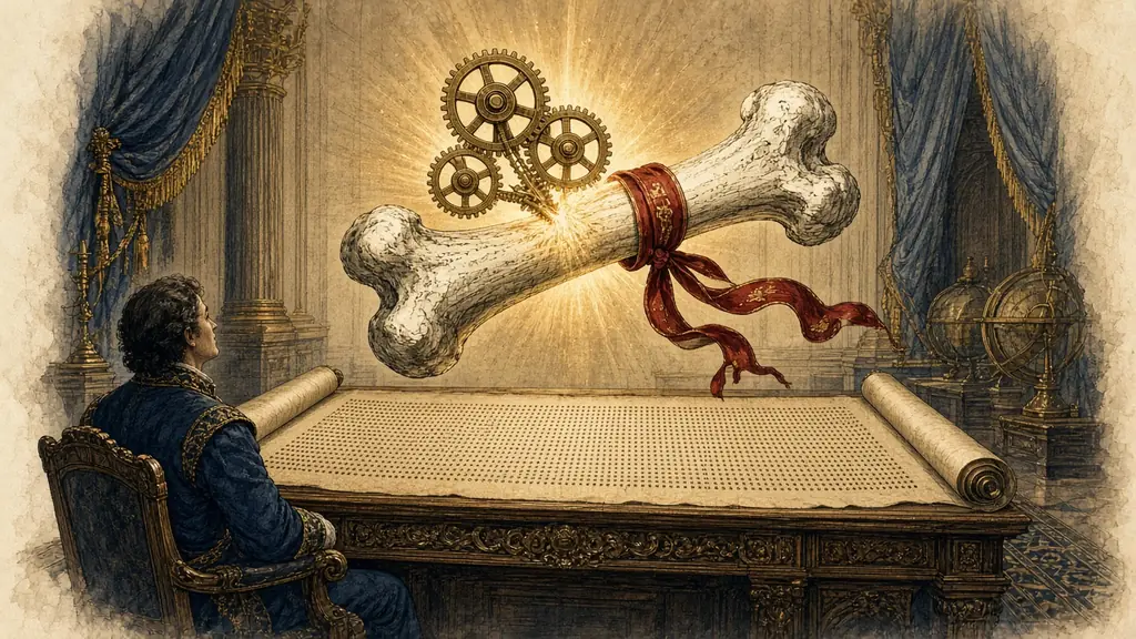 Memory hook: three brass gears fuse in a burst of light into one giant ribboned bone above a desk covered in endless rows of dots.