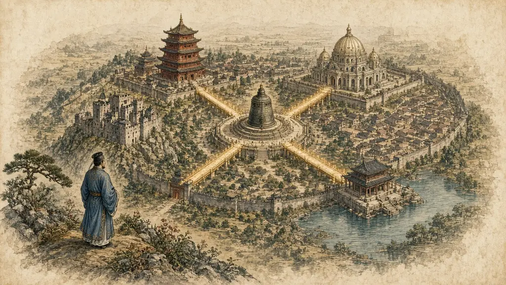 Memory hook: a priest in scholar's robes looks over a walled town where very different palaces link by glowing bridges to one central bell courtyard.
