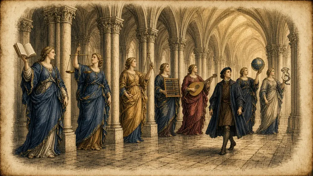 Memory hook: seven women stand between the columns of a hall, each holding a symbol: a book, scales, compasses, an abacus, a lute, a globe, a serpent scroll.
