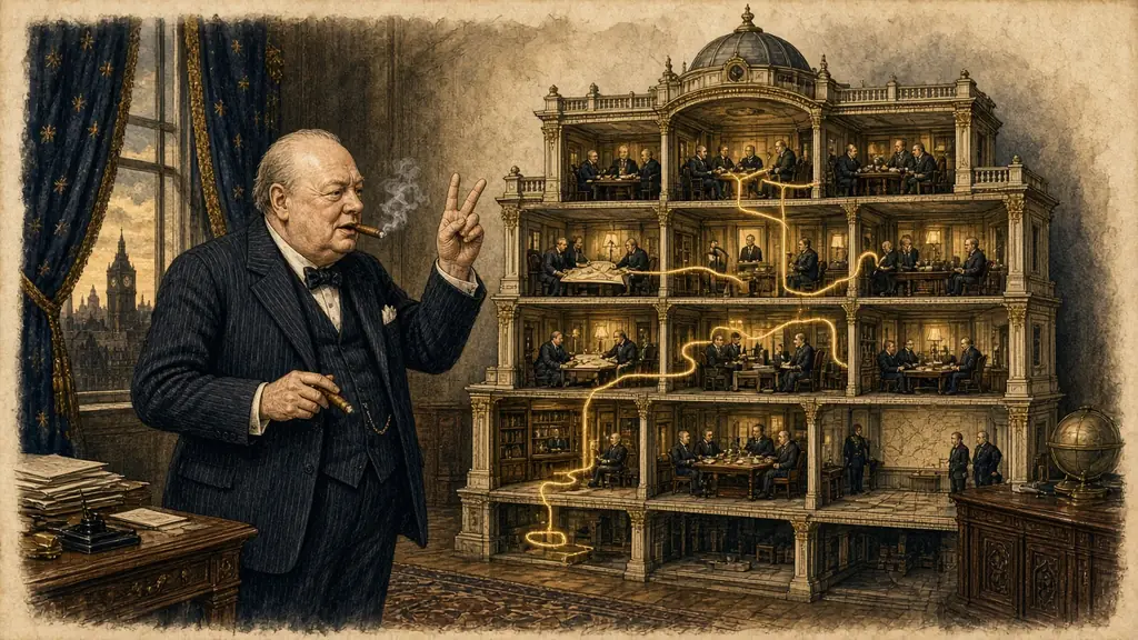 Memory hook: a wartime statesman rehearses a speech beside a cut-away palace of nested rooms, a gold thread running from room to room in order.