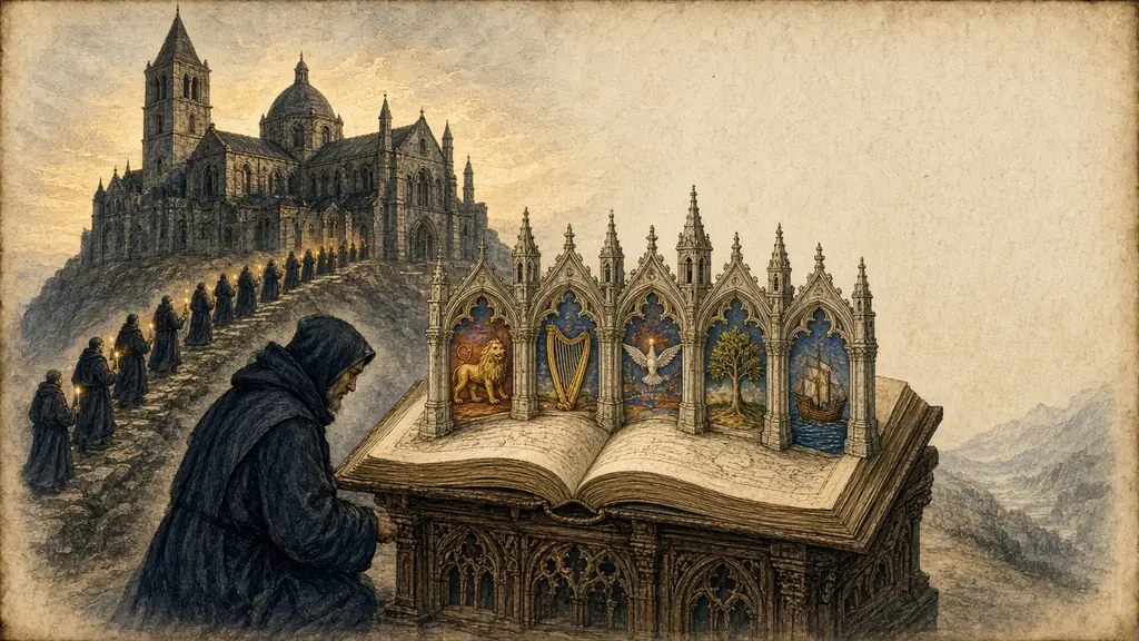 Memory hook: before dawn a monk kneels at a book whose pages fold up into a little cloister, each arch holding one illuminated picture.
