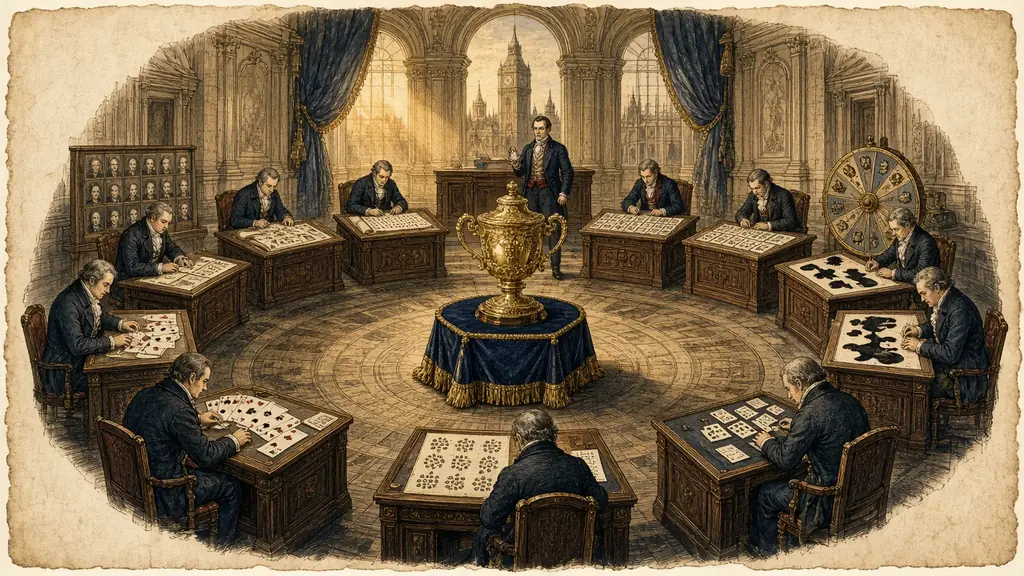 Memory hook: competitors sit at ten different event stations in a circle around a gilded trophy in a grand London hall.