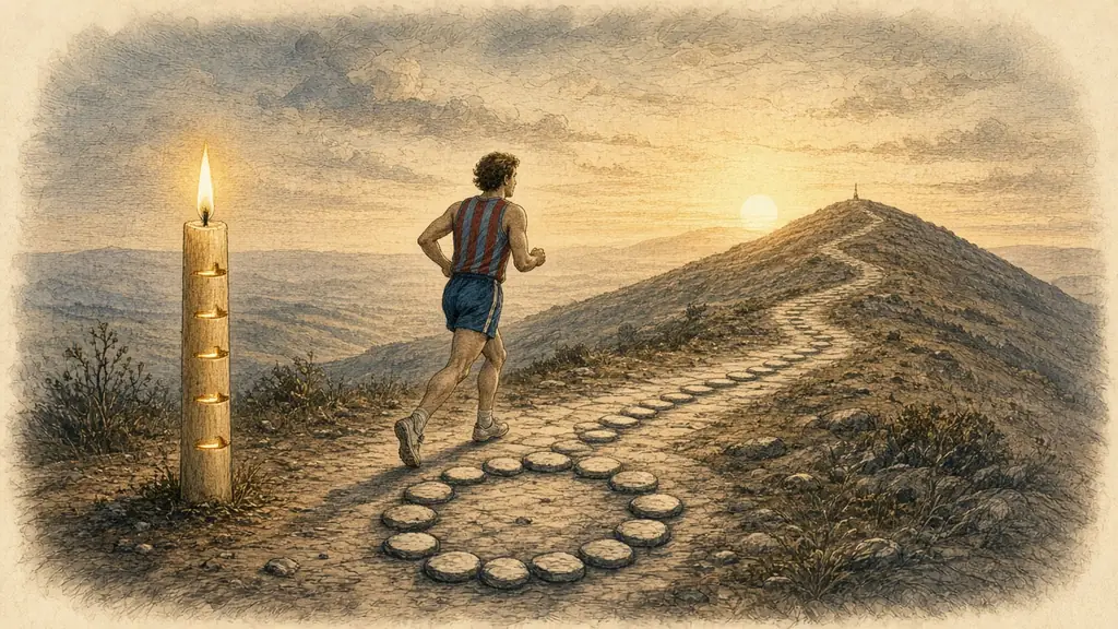 Memory hook: a runner sets off at dawn from a small ring of seven stones up a long road of many, beside a tall notched candle.