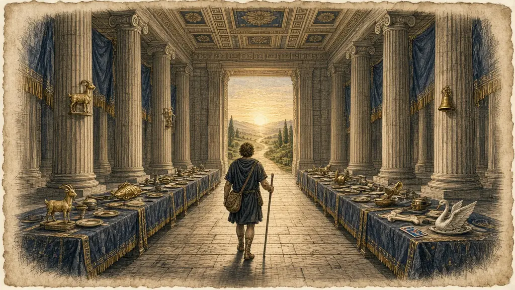 Memory hook: a traveller walks the whole length of the banquet hall, now with its roof whole, past objects from the course towards a sunrise road.