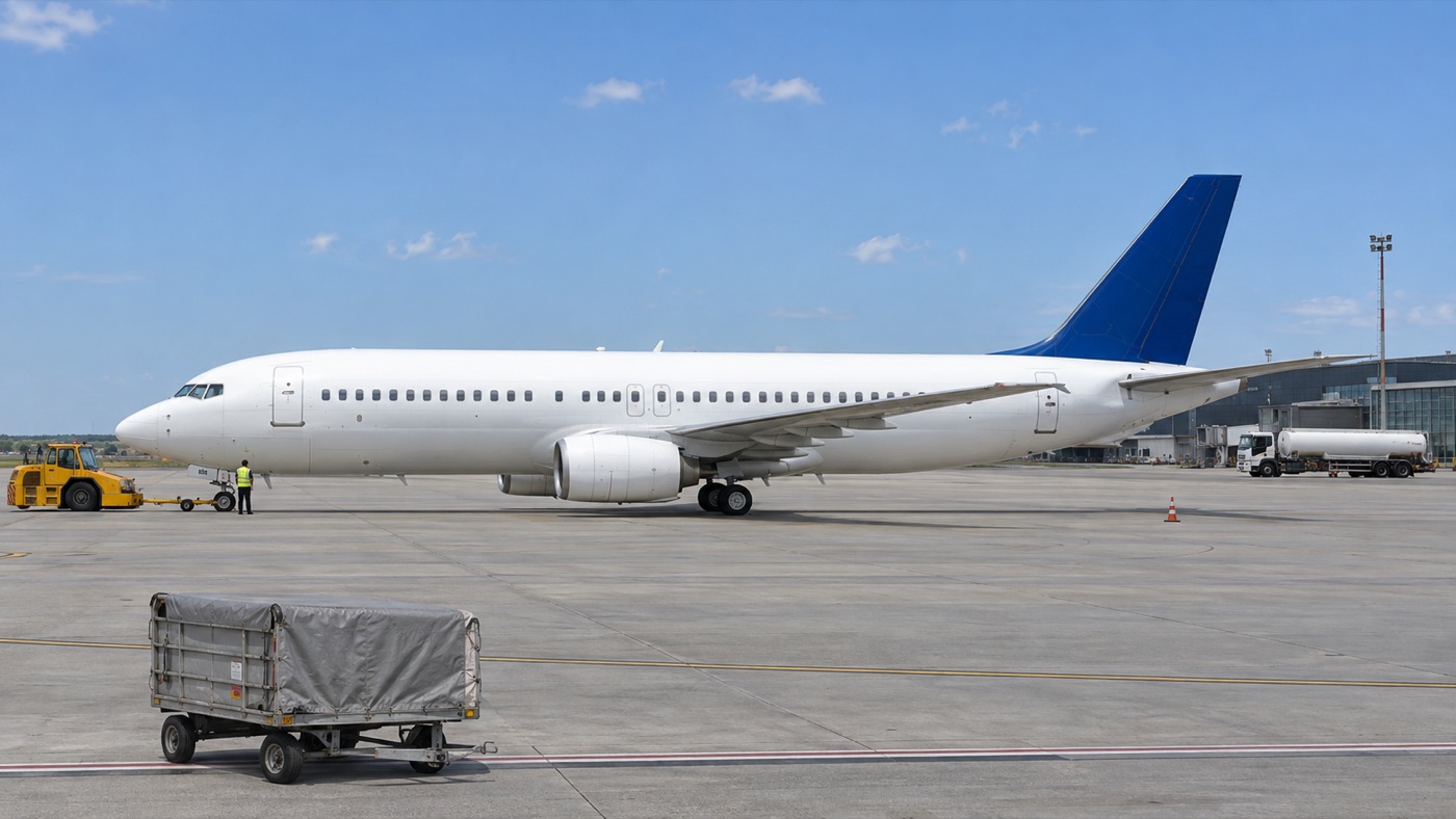 An aircraft on the apron with vehicles around it