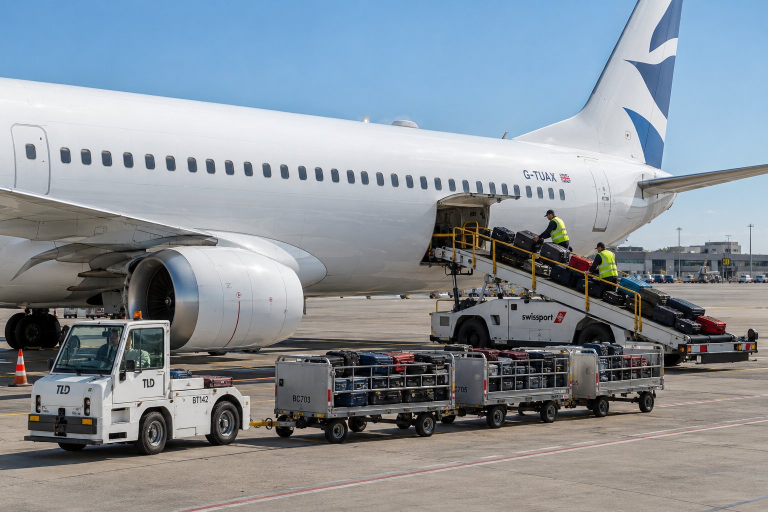 Baggage being moved on a belt loader beside a passenger jet