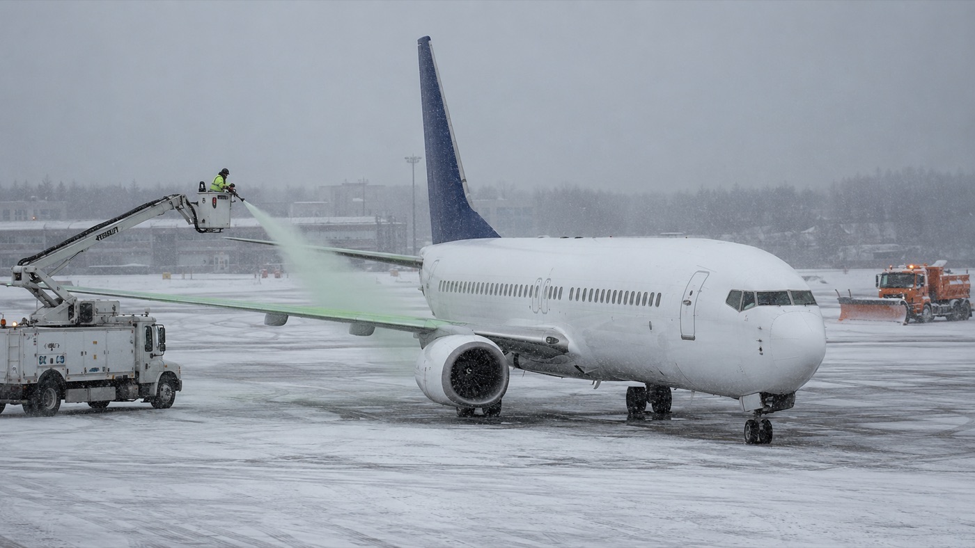 An aircraft being de-iced in the snow