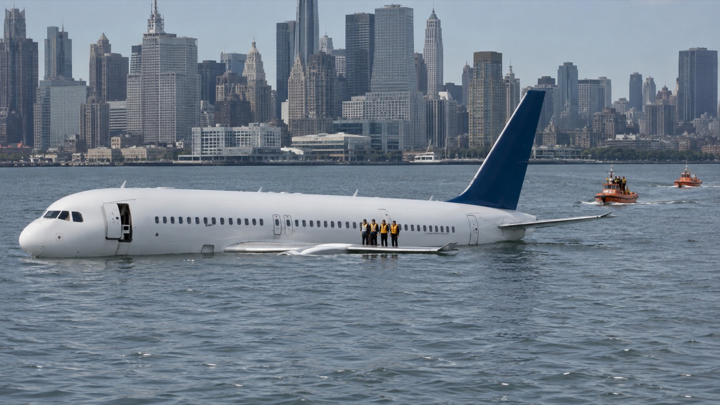 An aircraft floating on water near a city
