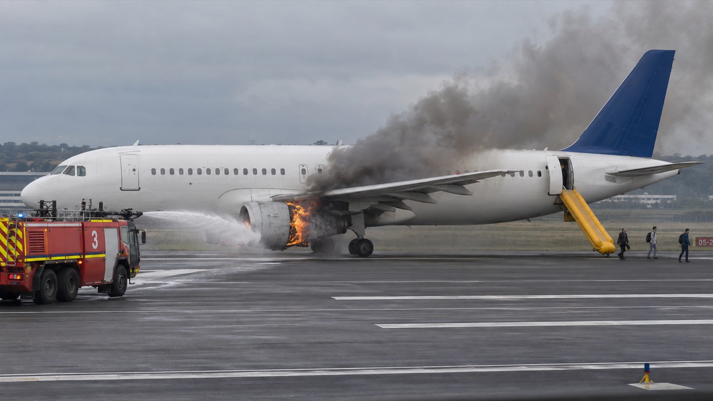 An aircraft on a runway with an engine fire