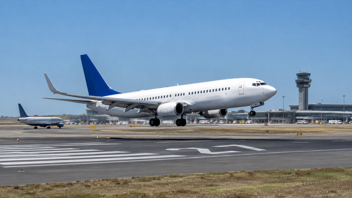 An aircraft just above a runway