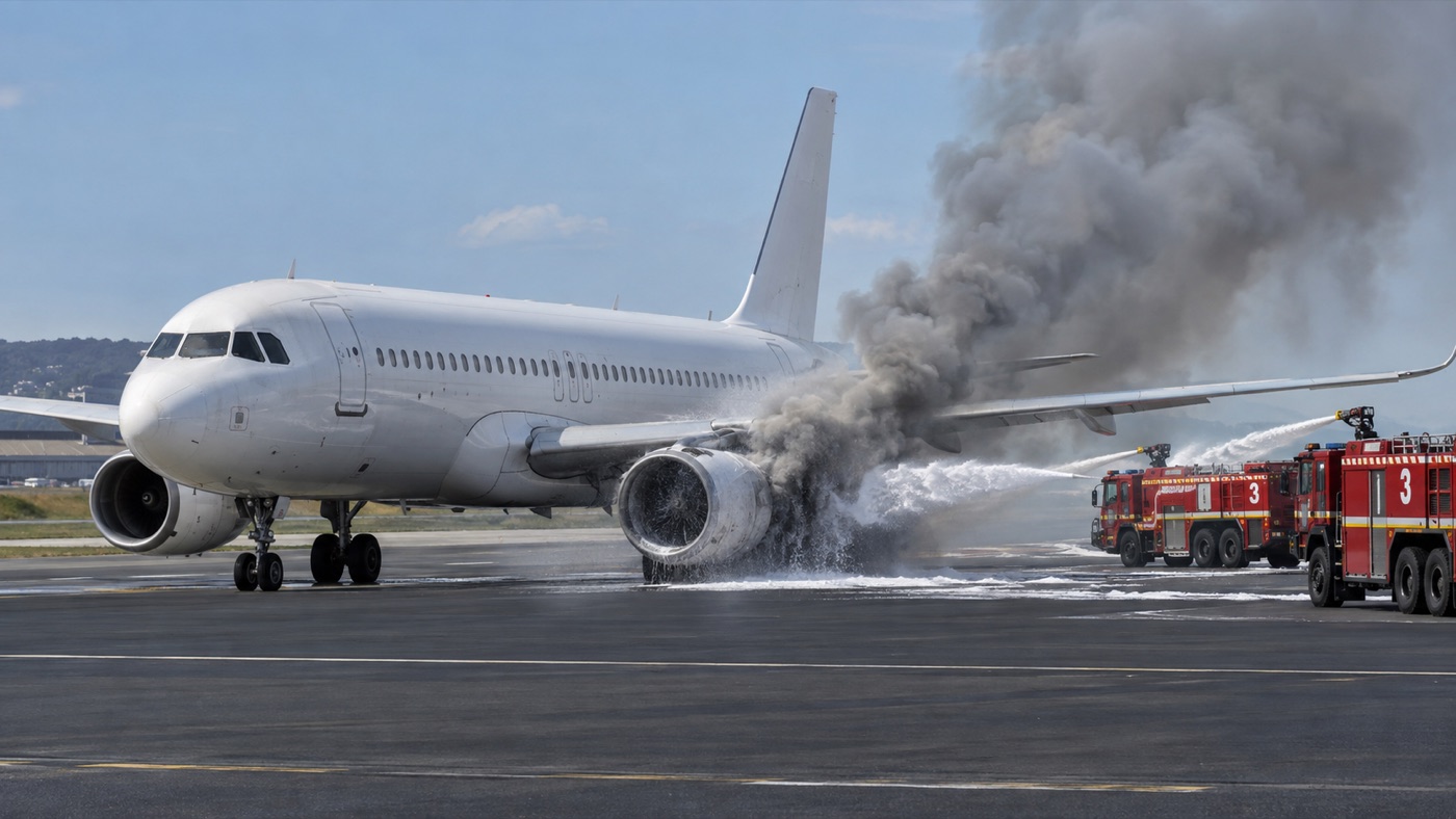A passenger jet on a runway with smoke from one engine and two fire trucks spraying foam