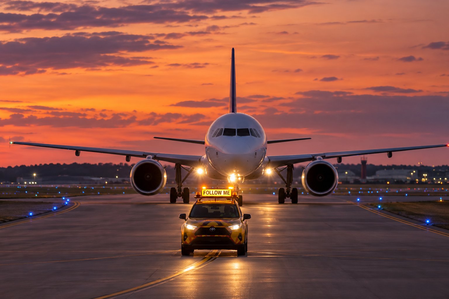 A passenger jet following a yellow vehicle with a lit FOLLOW ME sign at dusk