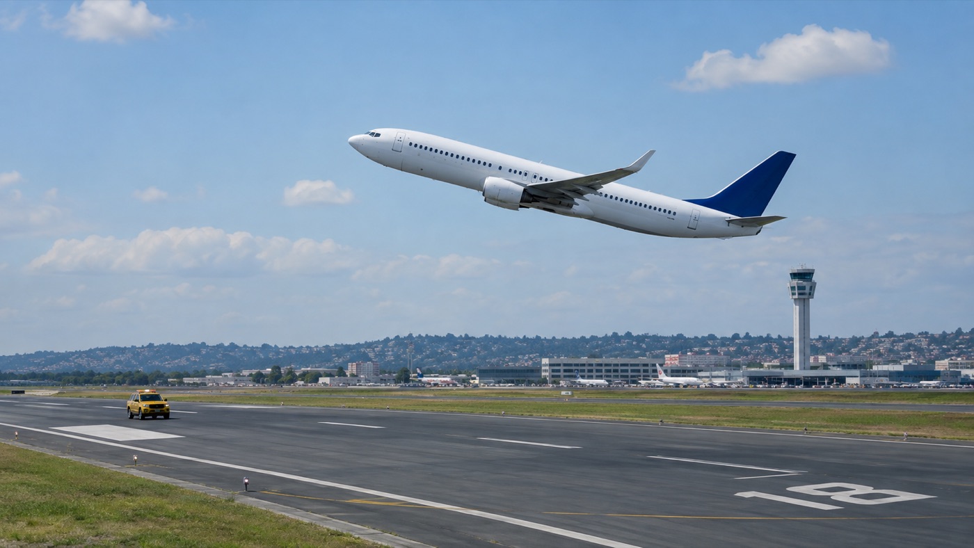 An aircraft in the air above a runway with a vehicle on it
