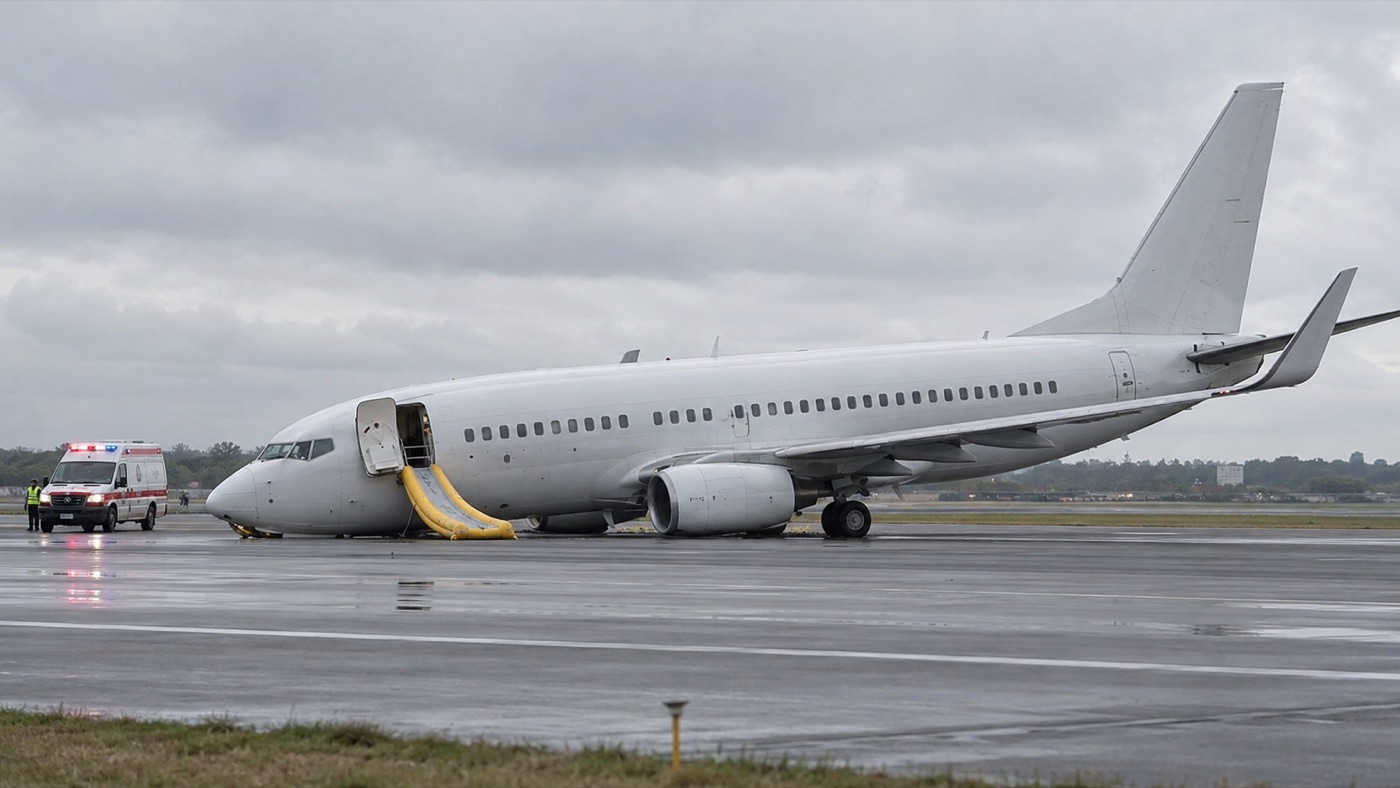 A passenger jet resting on its nose on the runway with an escape slide and an ambulance nearby