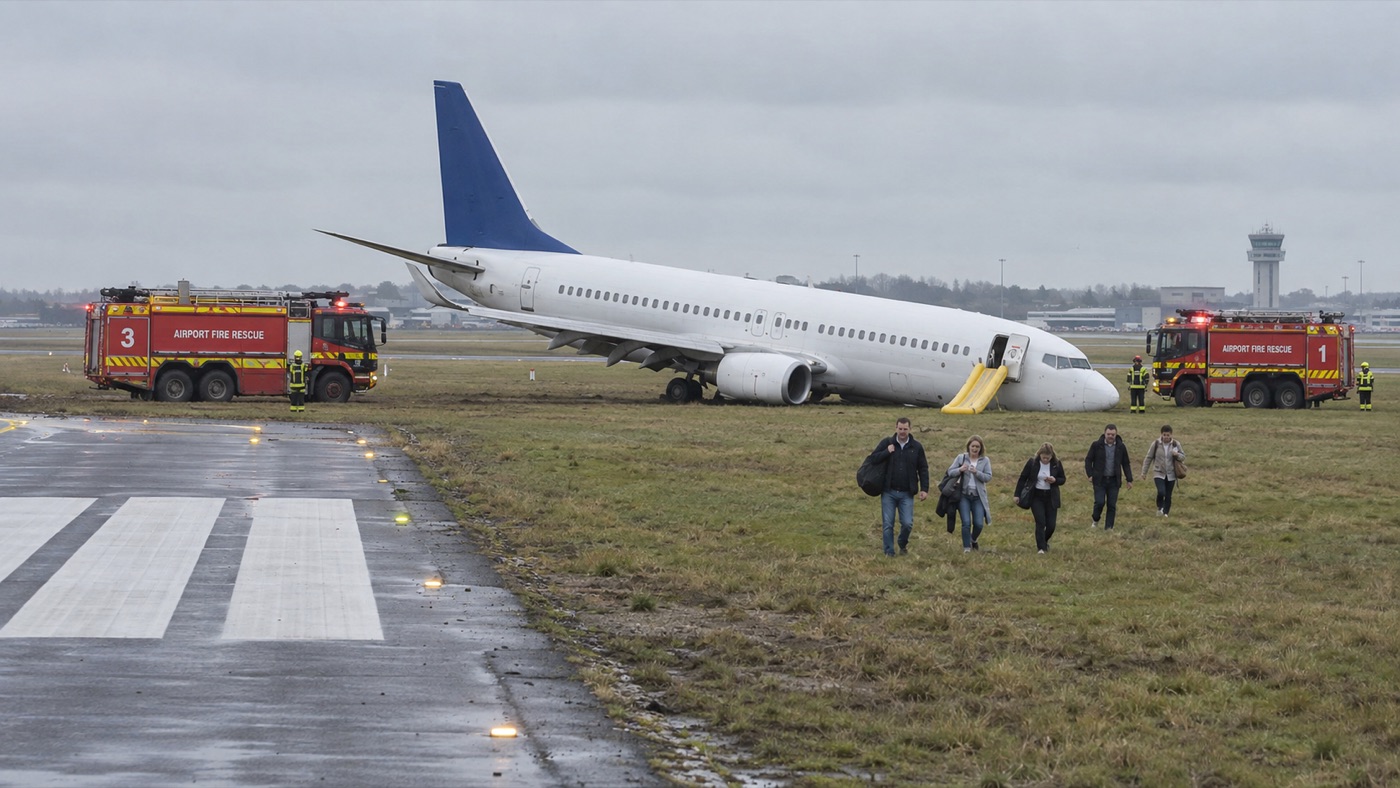 An aircraft stopped on the grass beside a runway, with fire trucks