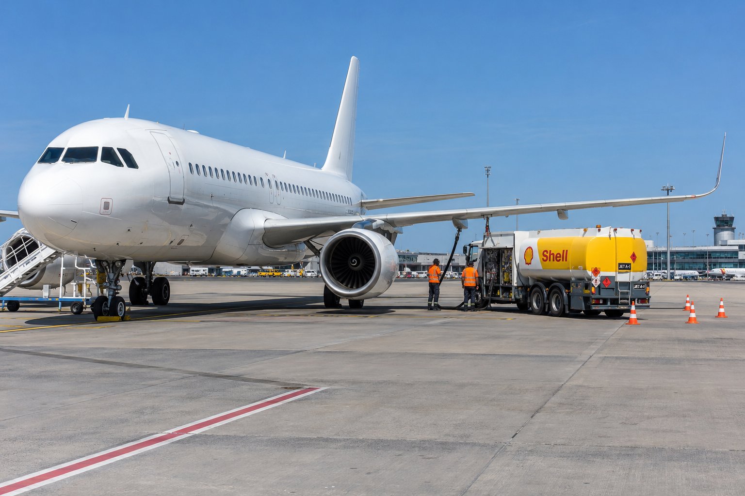 A passenger jet on the apron with a fuel truck beside its wing