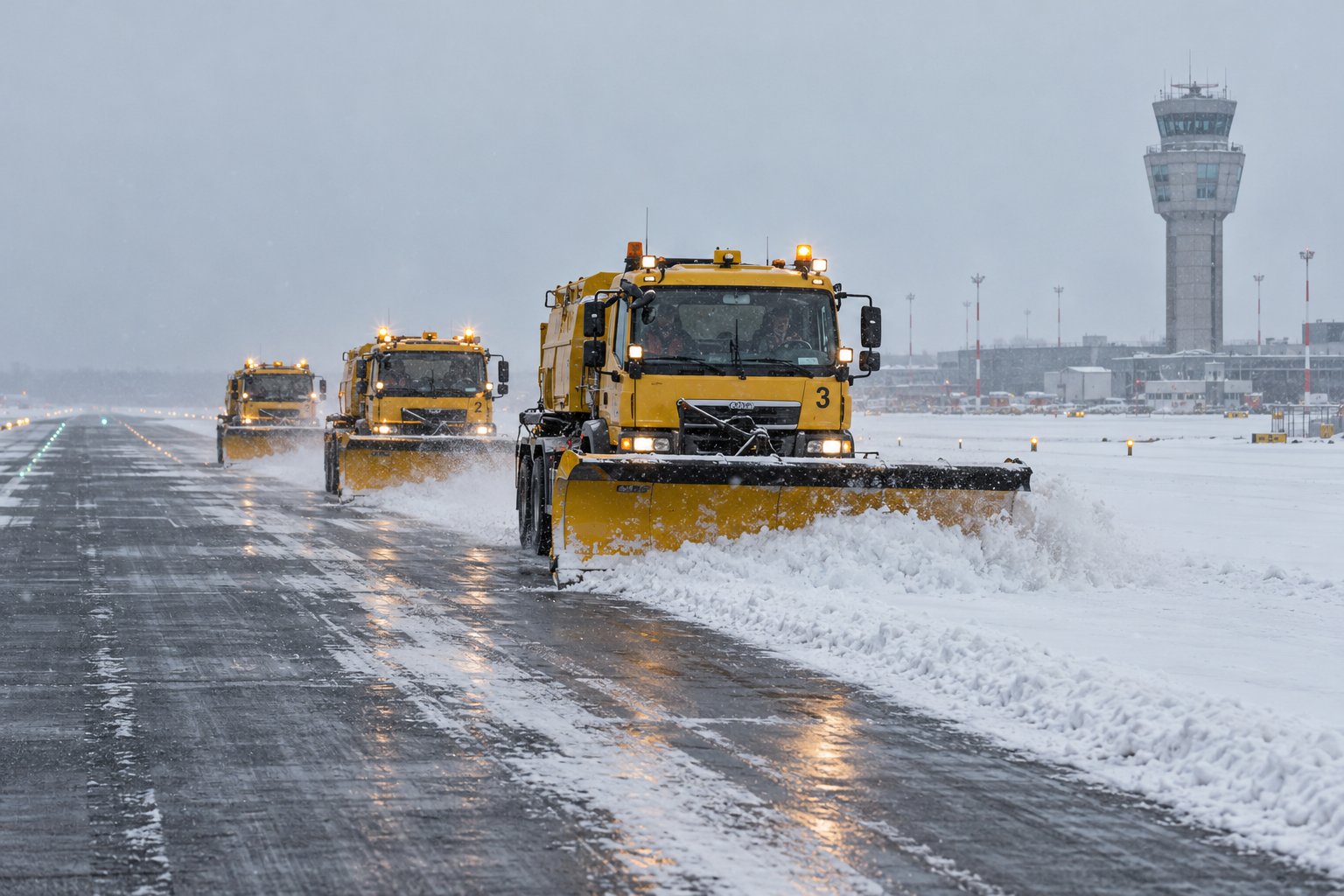 Three yellow snow ploughs clearing a runway in falling snow