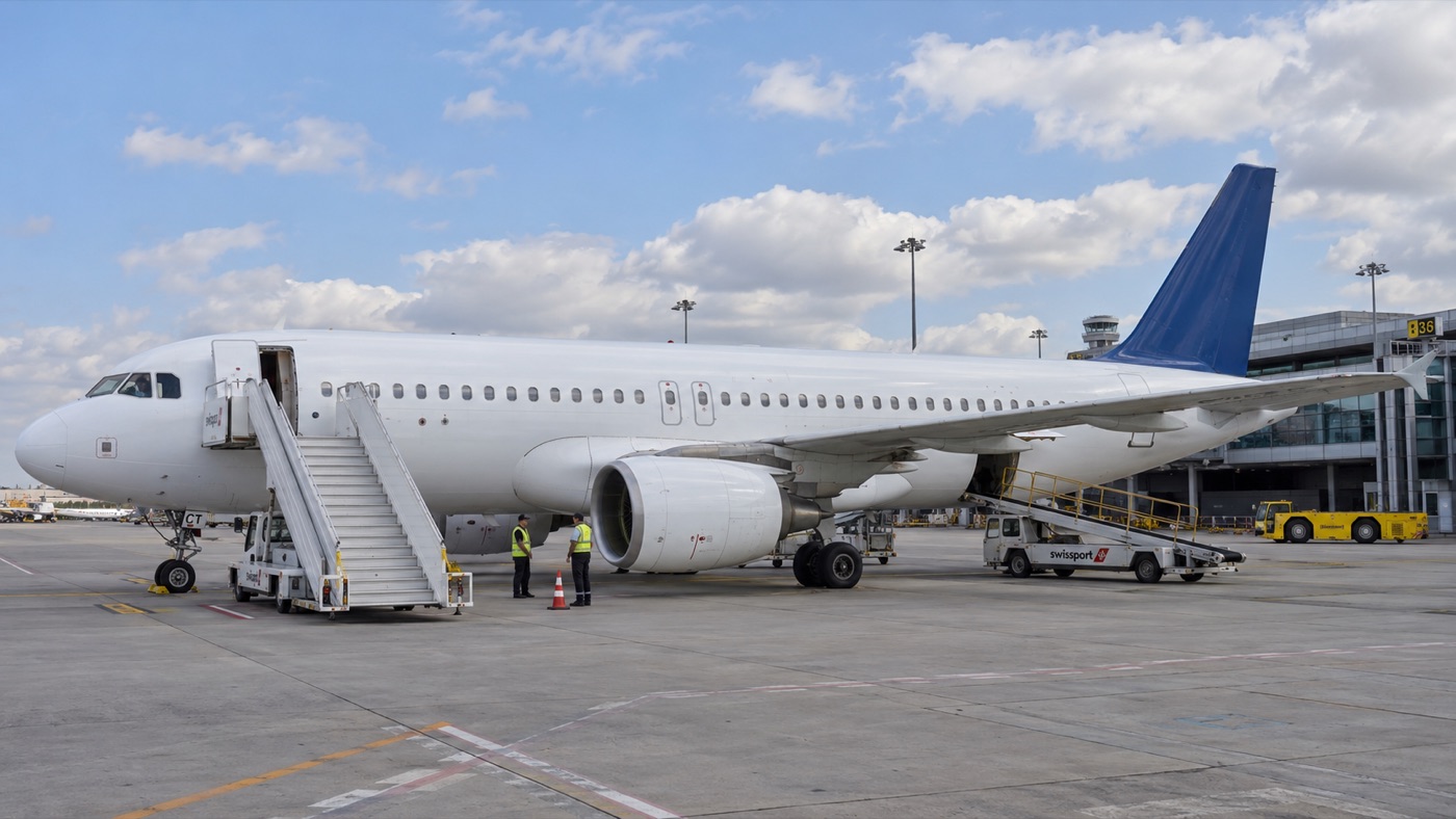 An aircraft parked at a stand with airstairs and ground equipment