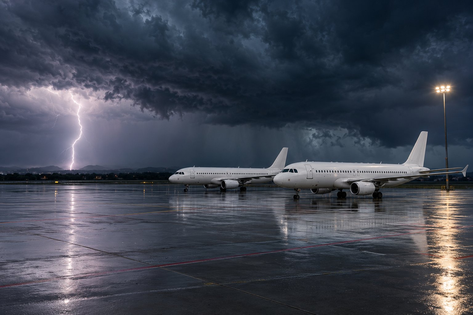 Two parked jets on a wet apron under a thunderstorm with lightning