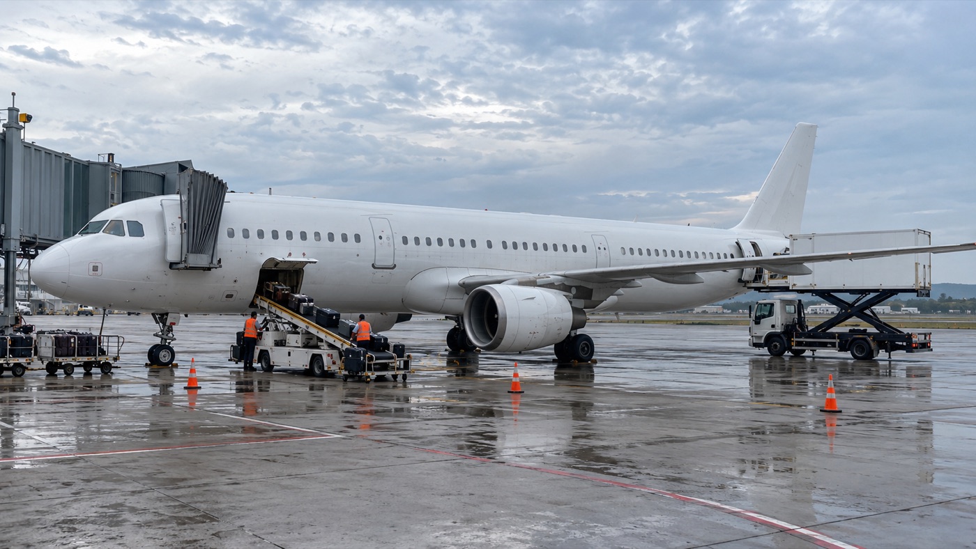 A passenger jet parked on a wet apron with ground vehicles and workers around it