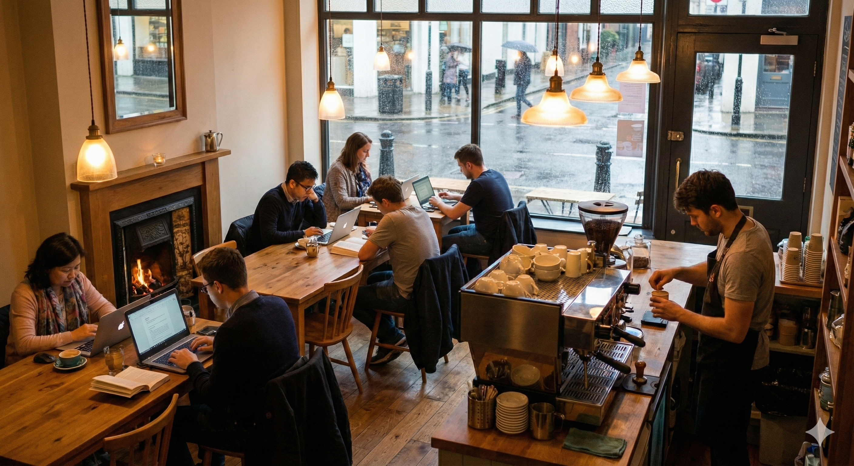 Cozy coffee shop with wooden tables, people on laptops, barista, and rain outside the window