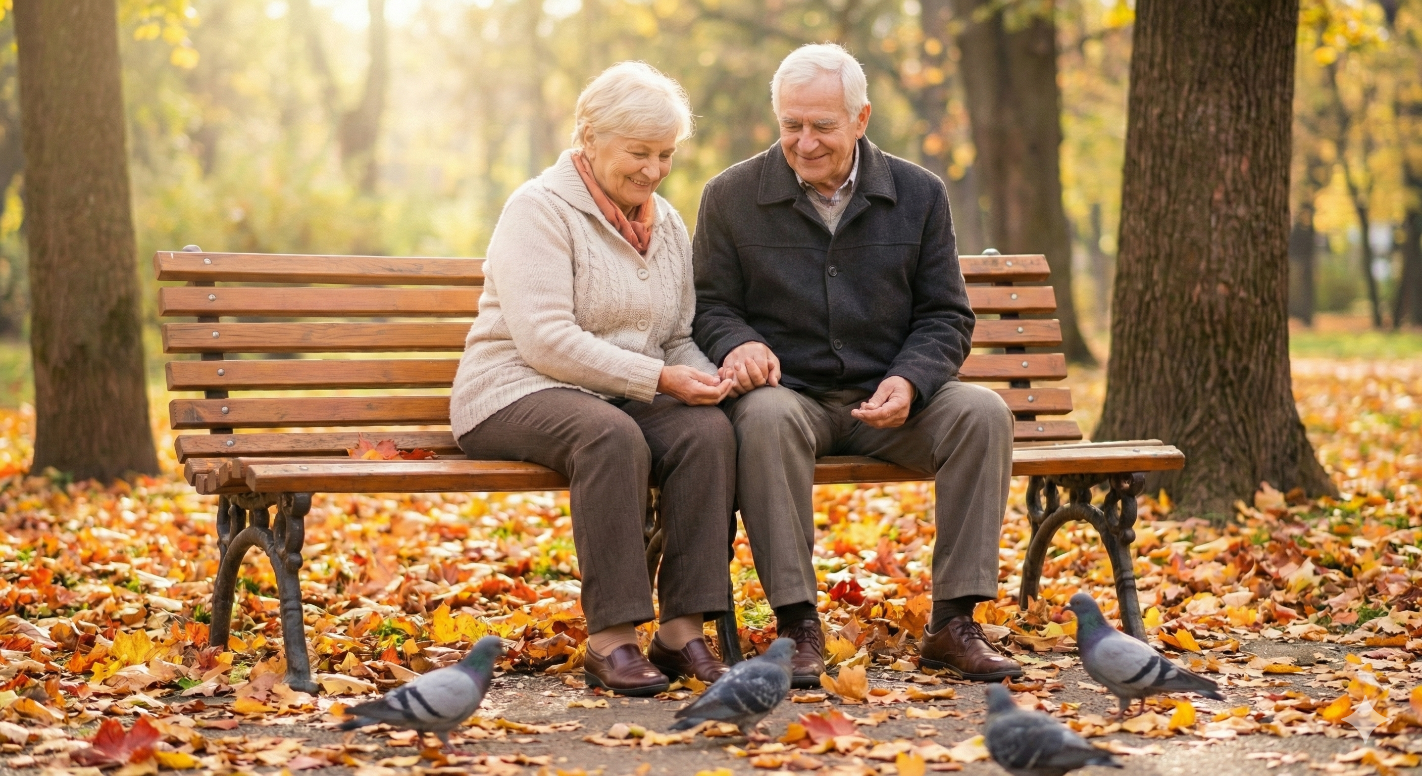 Elderly couple sitting on a park bench surrounded by autumn leaves, feeding pigeons