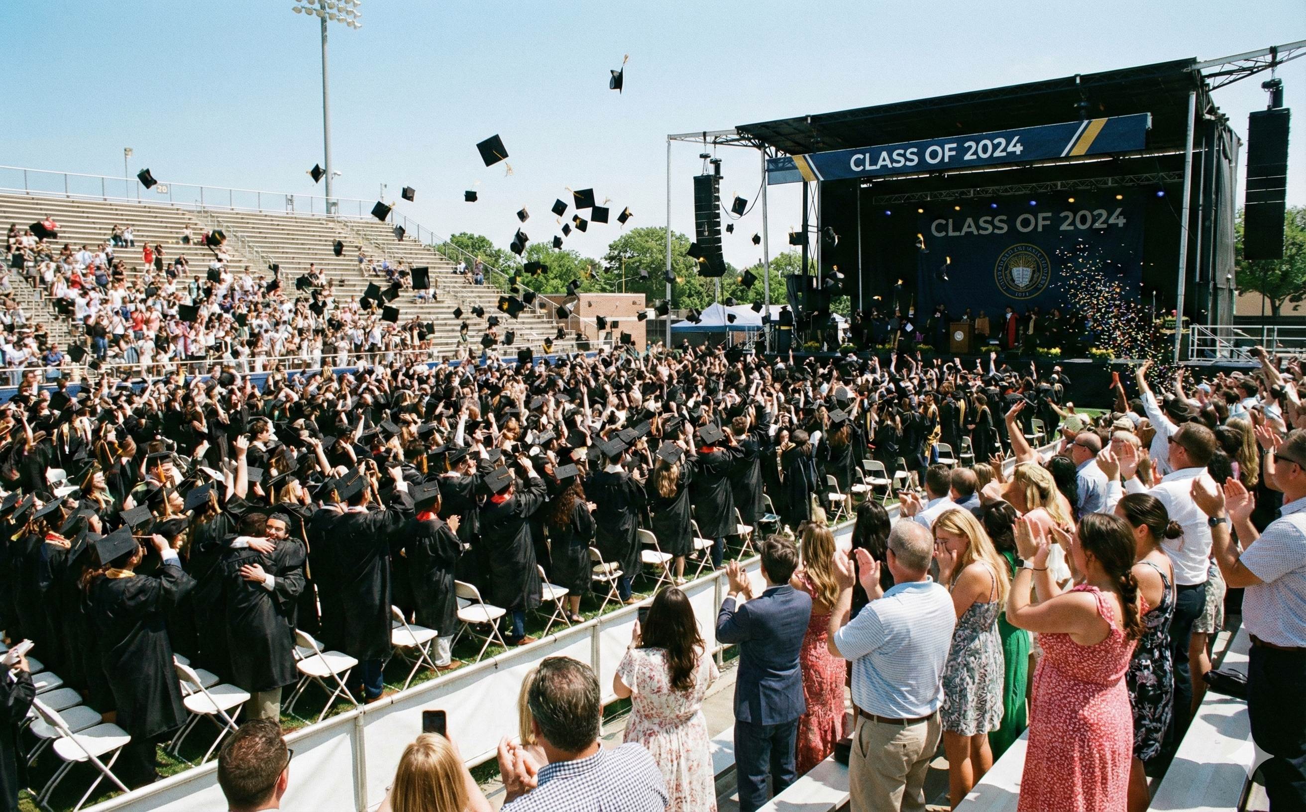 Graduation ceremony with students in caps and gowns throwing caps in the air, families watching