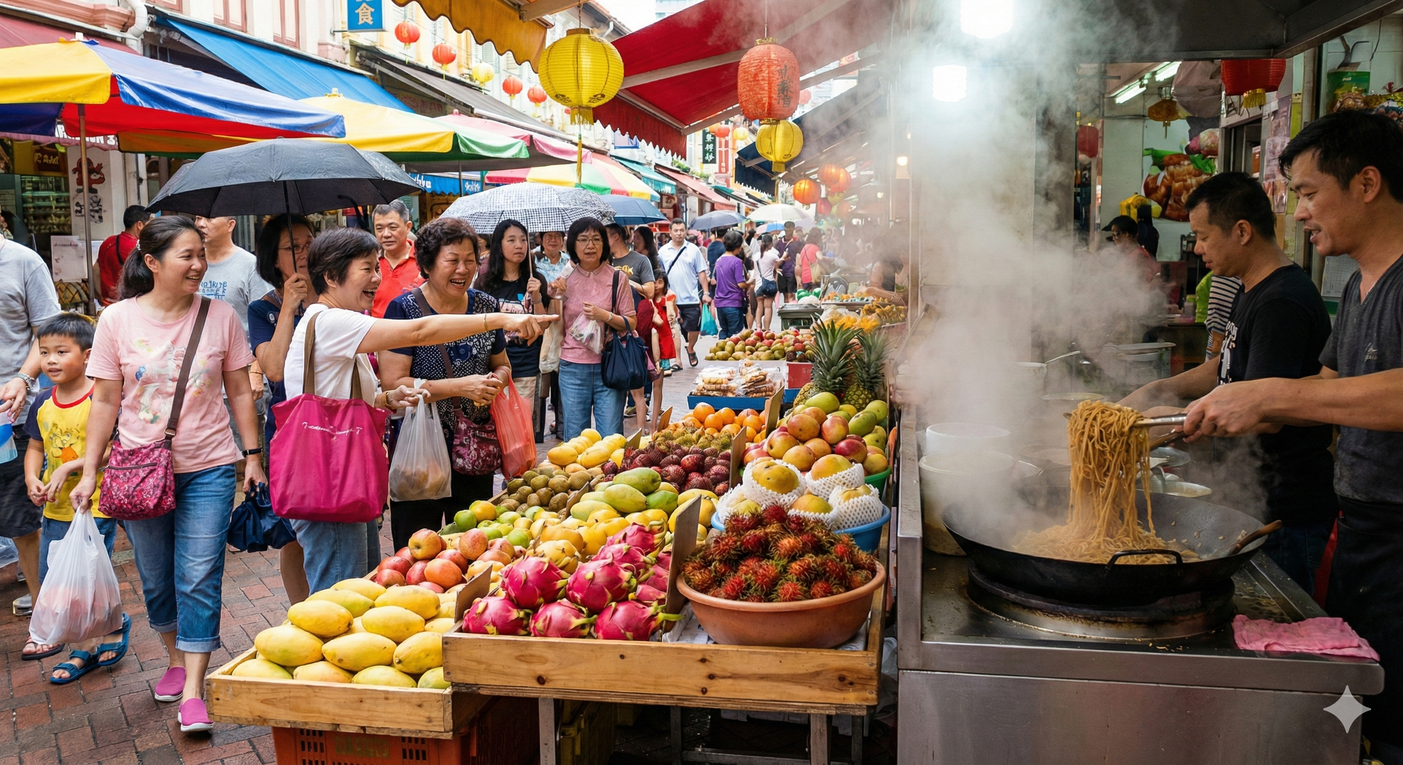 Busy Asian street market with colorful fruits, shoppers, and steam rising from food stalls