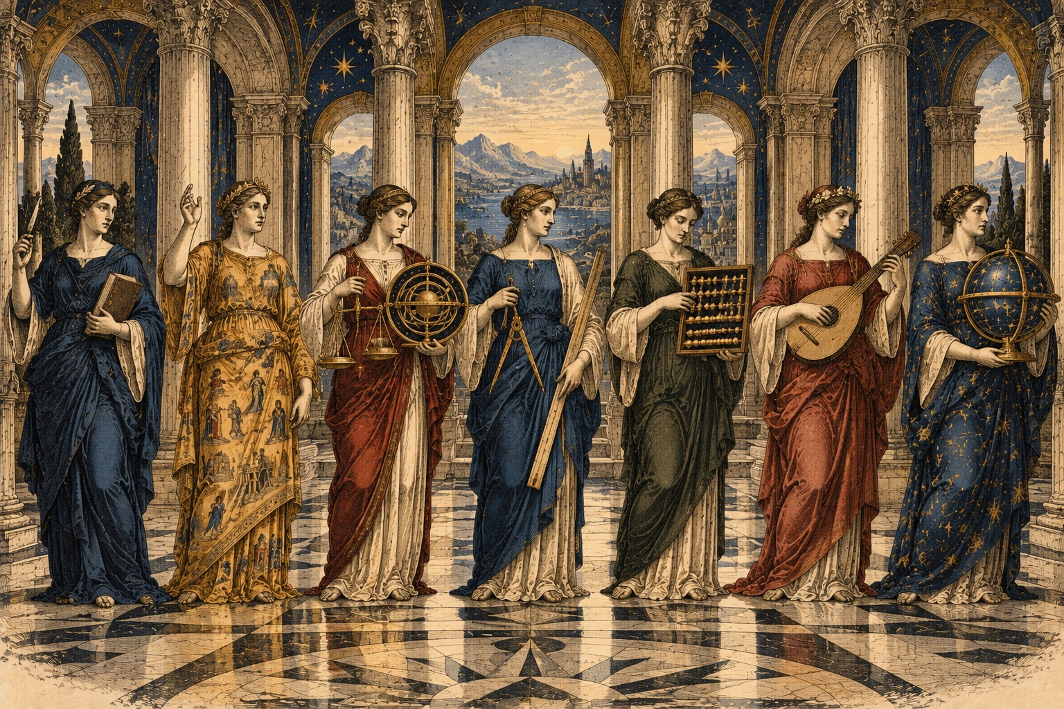 An engraving of seven women in a columned hall, each holding a symbol such as a book, scales, compasses, a counting frame, a lute and a globe.