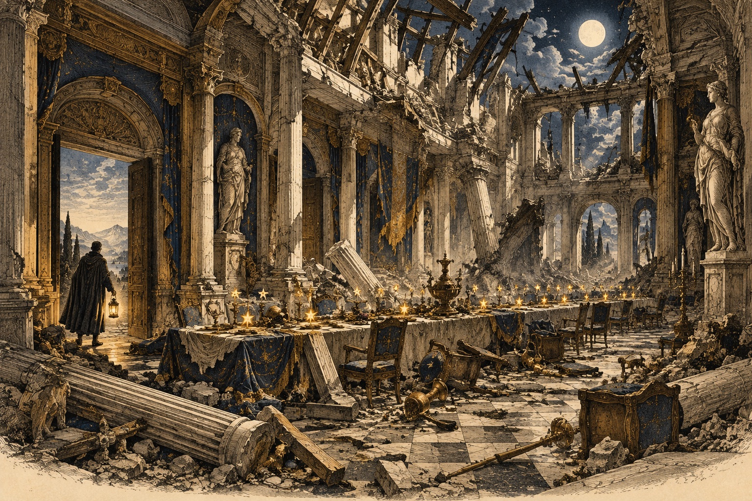 An engraving of a banquet hall just after the roof has fallen in, with small gold stars marking where each guest sat.