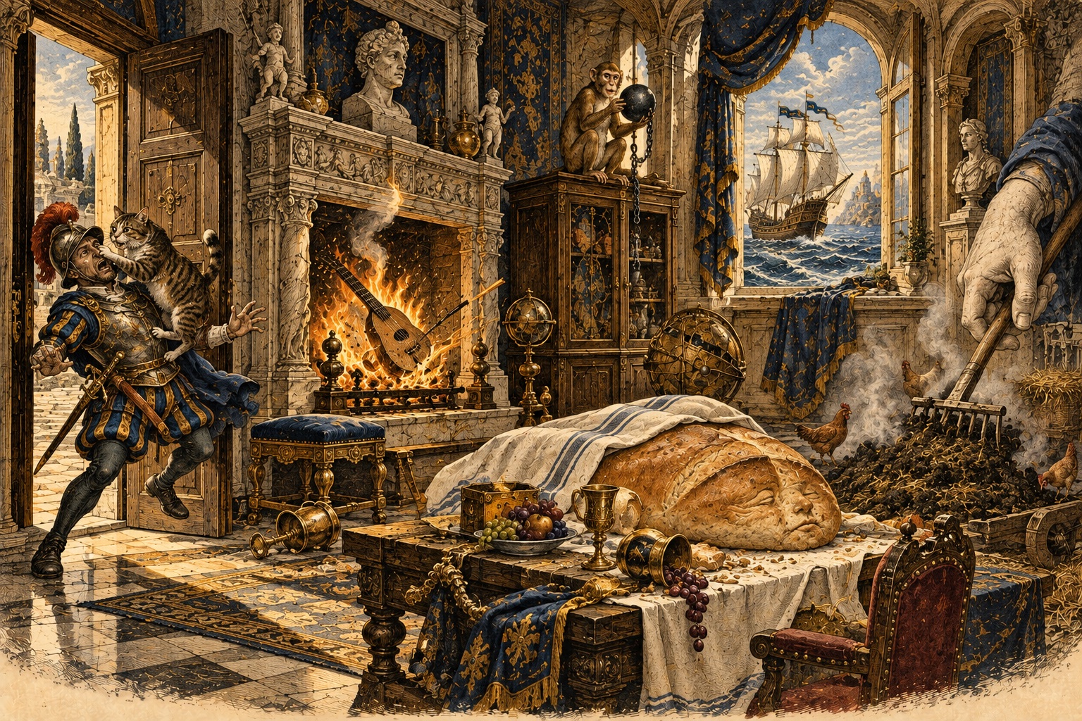 An engraving of a grand room full of strange, vivid pictures: a cat attacking a soldier, a burning lute, a monkey on a cabinet, a loaf of bread with a sleeping face.