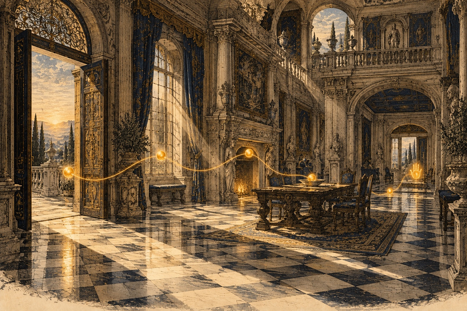 An engraved view into an empty grand house at dawn, with small gold markers along the doorway, a window, a hearth and a table.