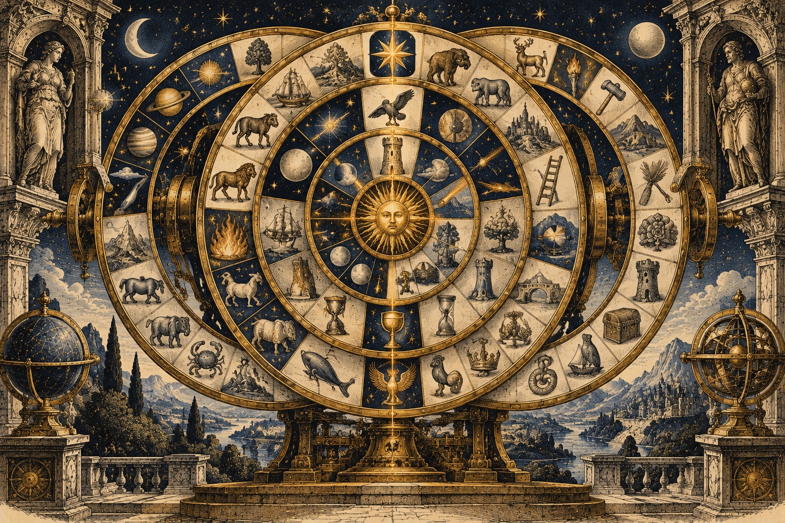 An engraving of three huge turning wheels covered in small pictures, between statues and globes.