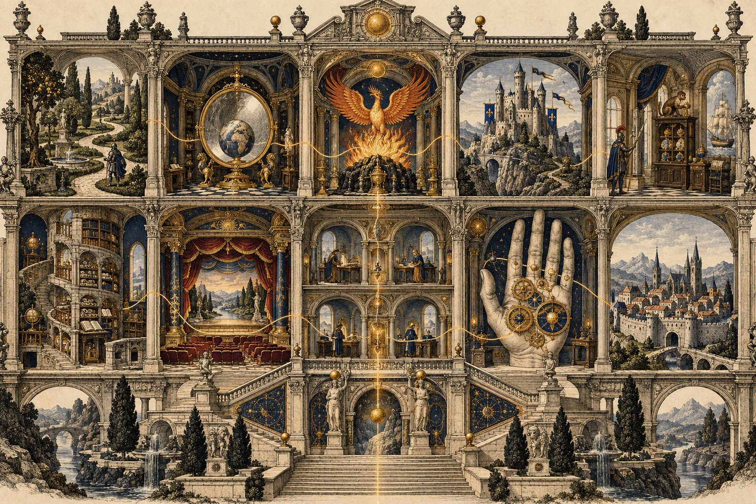 An engraved cutaway of a Renaissance palace with ten rooms: a garden, a mirror, a phoenix, a castle, a jewel house, a tower of books, a theatre, four chambers, an open hand and a walled town.