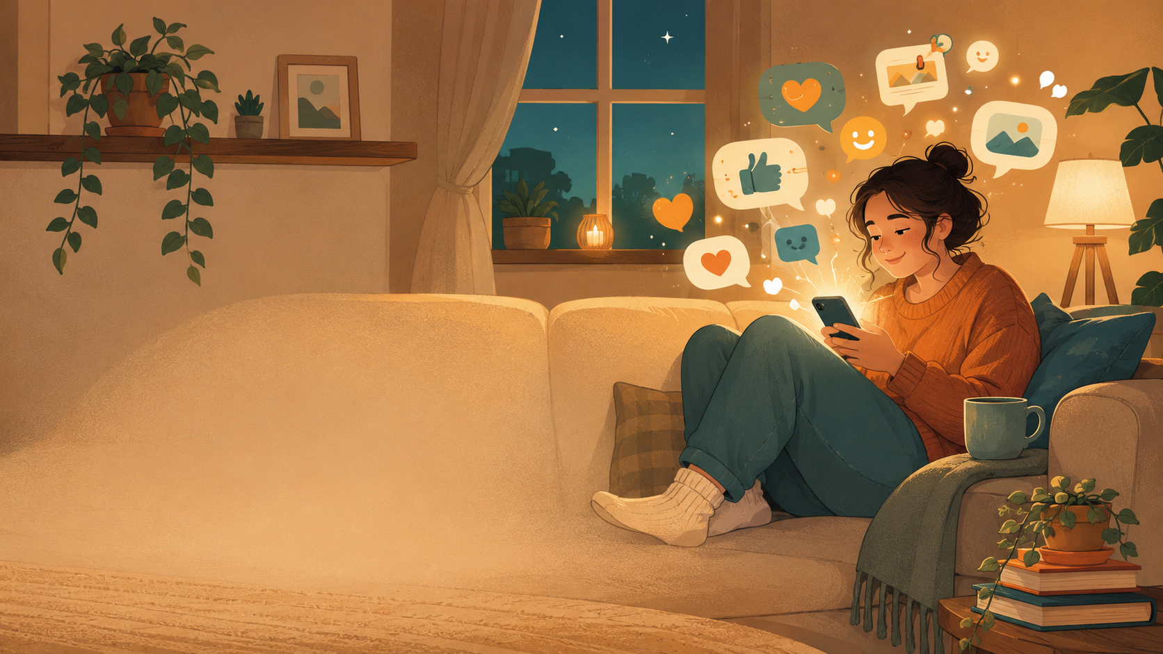 A warm, flat-illustration scene of modern life: a person curled on a sofa lit by the glow of a phone, friendly speech-bubbles and notifications drifting up around them.