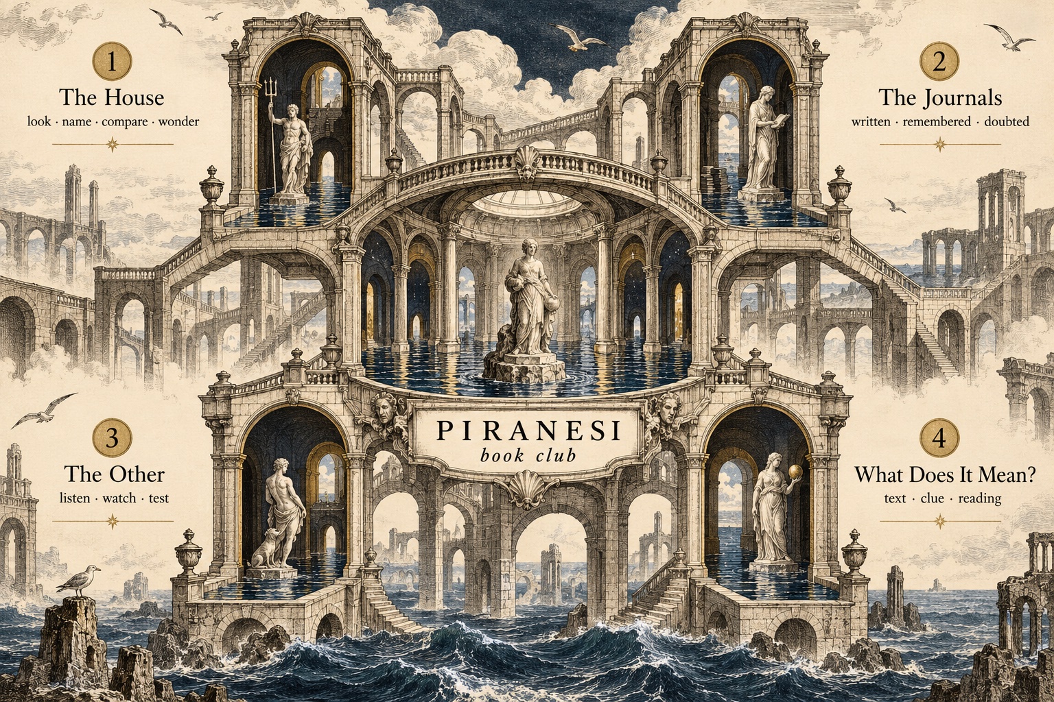 A map of the House: four halls, one for each meeting of the Piranesi book club