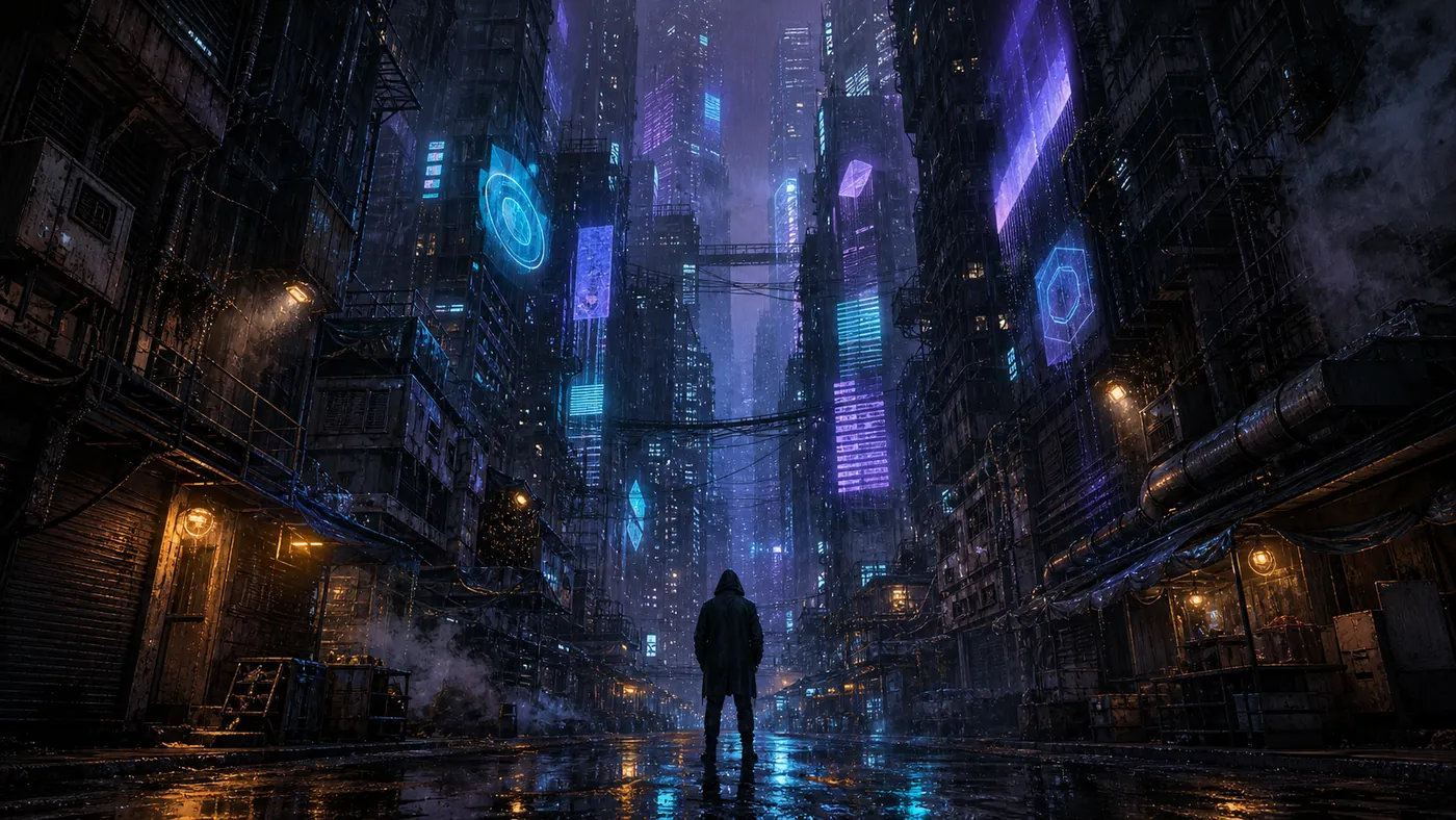 A rain-soaked neon cyberpunk city