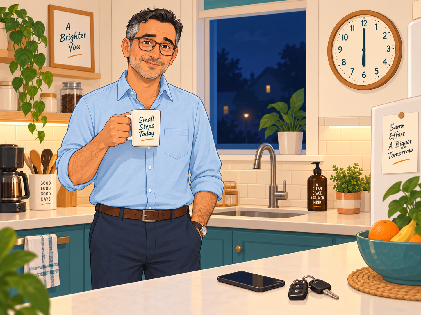 Six o'clock: Leo in his kitchen with a coffee, the clock says 6:00, the window is dark.