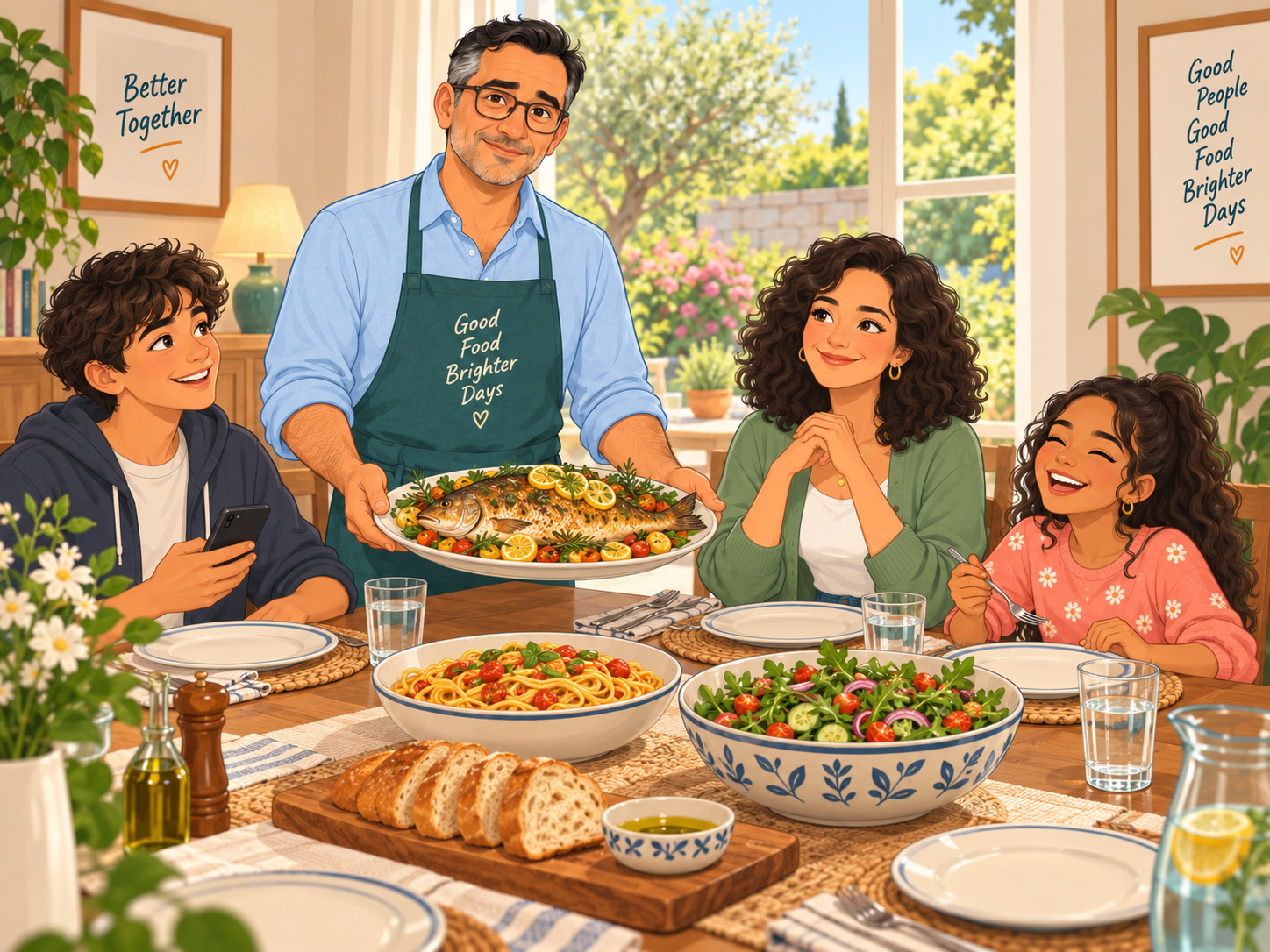 Sunday lunch: Leo serves a big fish; Carla, Marco and Sofia are at the table.