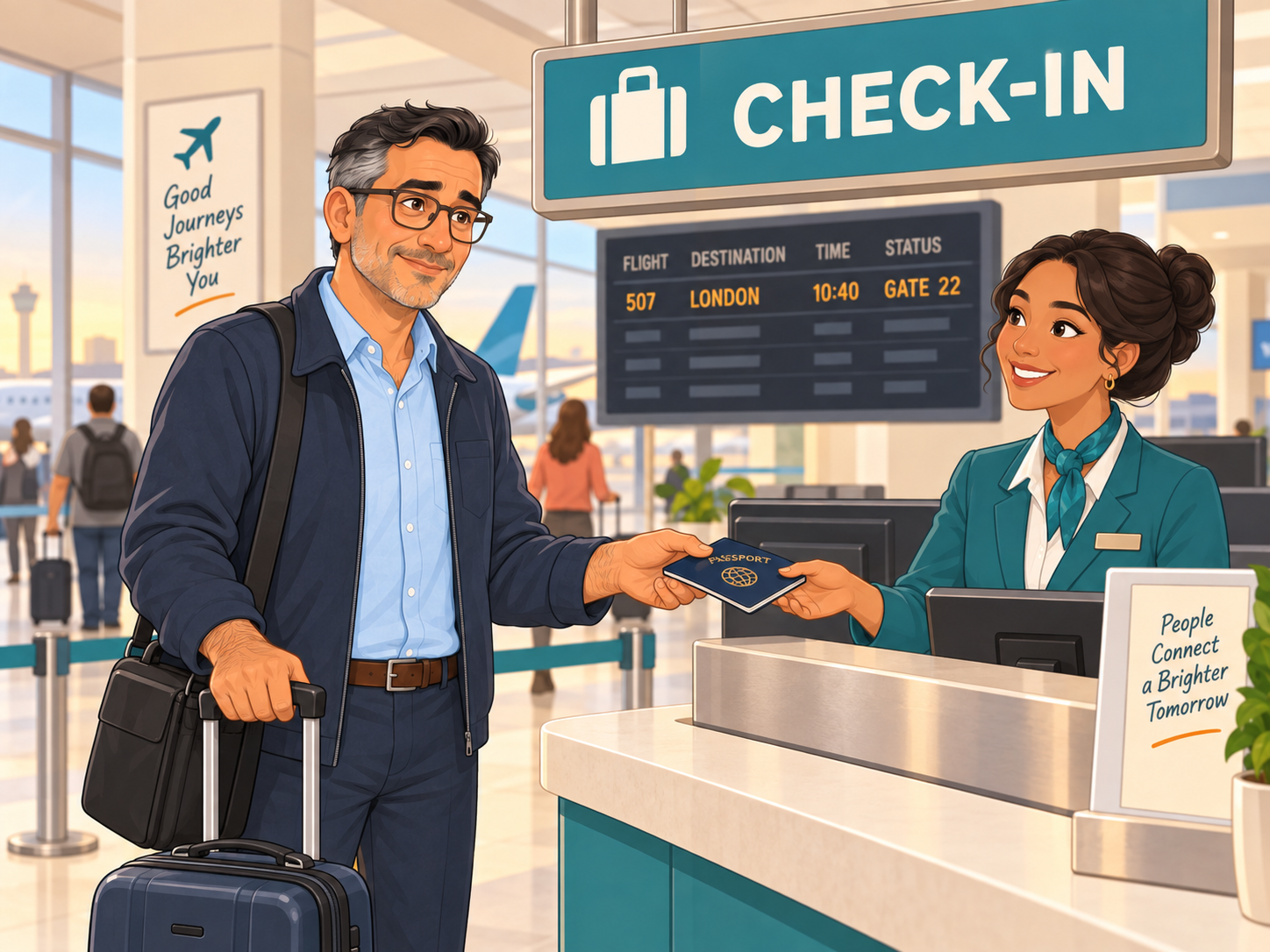 Leo at the check-in desk with a small suitcase, giving his passport to the agent.
