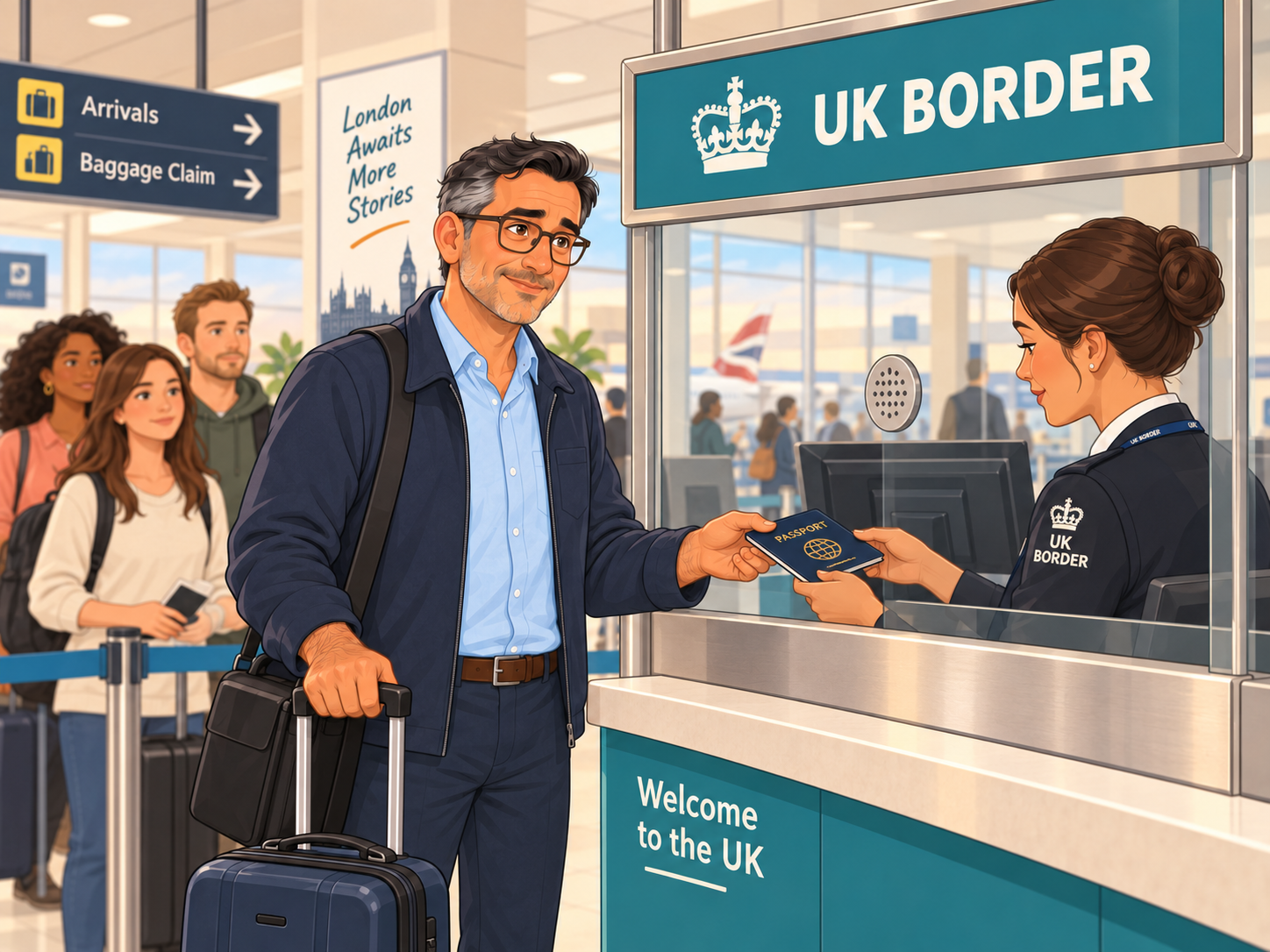 Leo at passport control in London, a border officer behind the glass, a sign reading UK BORDER.
